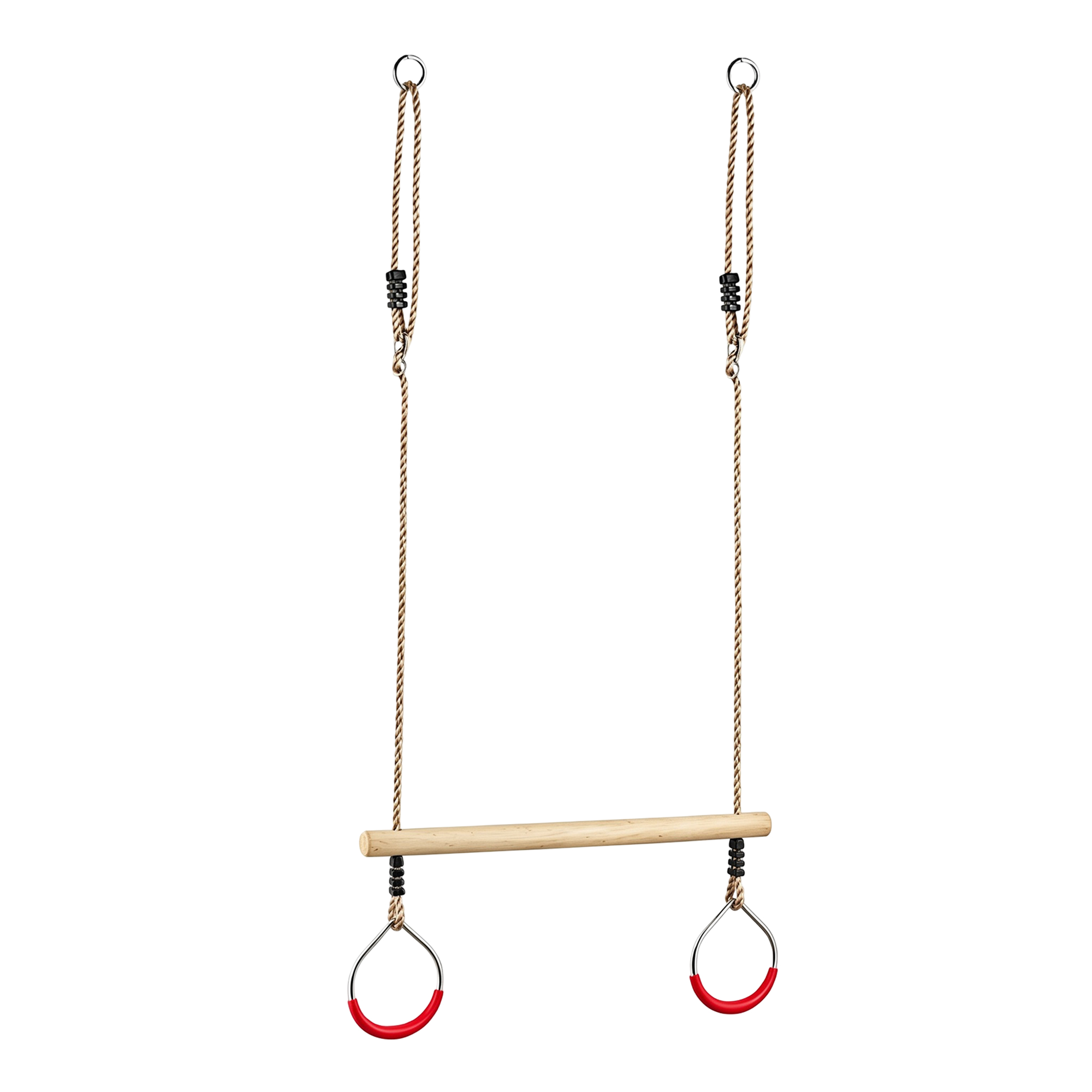 Round gymnastic rings and wooden trapeze encourage active fitness and body control.