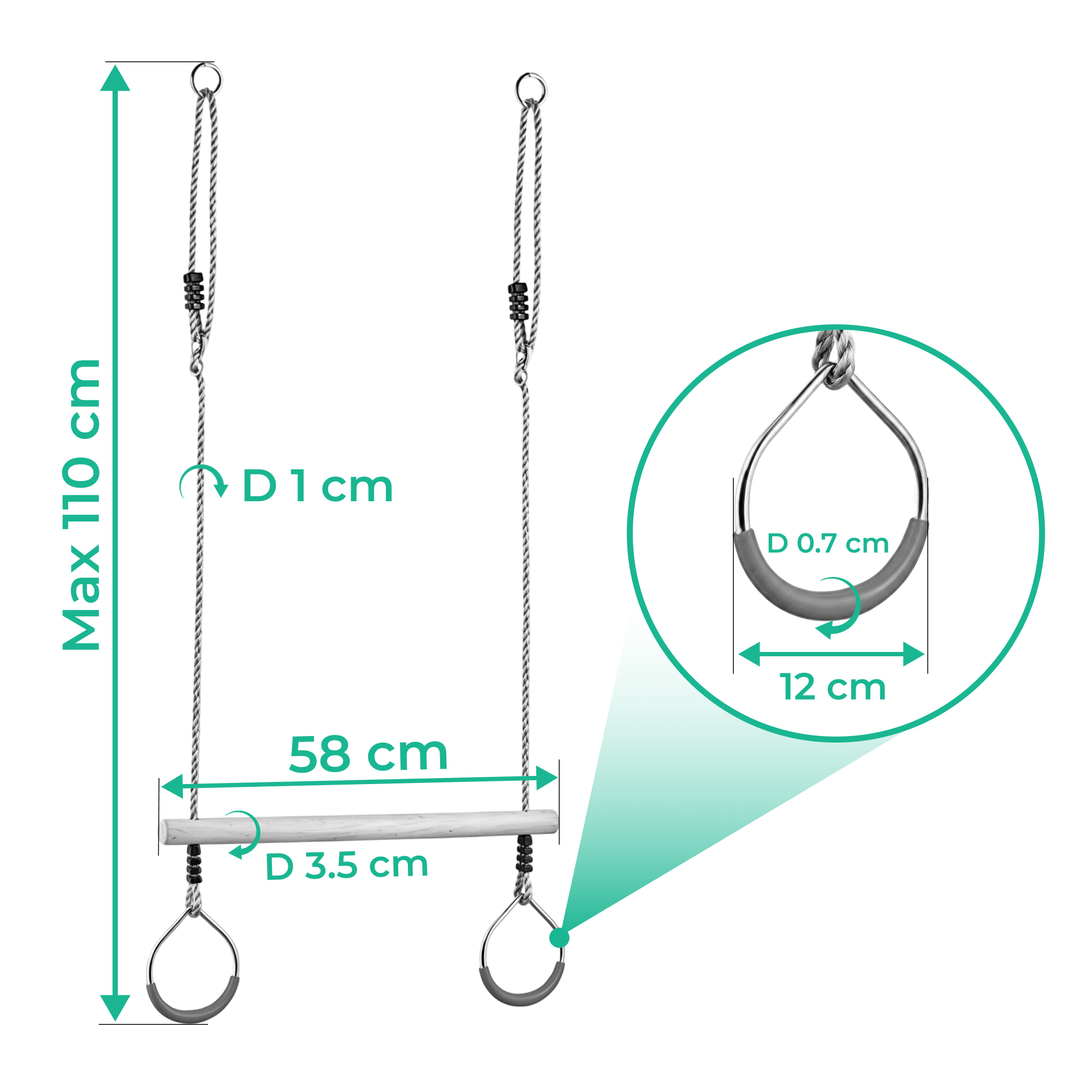 Technical parameters of the wooden trapeze swing with round rings.